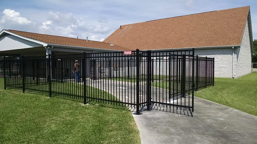 Black ornamental commercial fence and gate